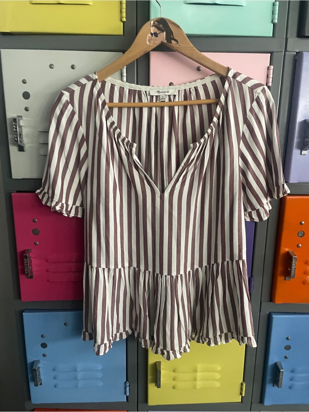 Madewell Burgundy and White Striped Peplum Blouse